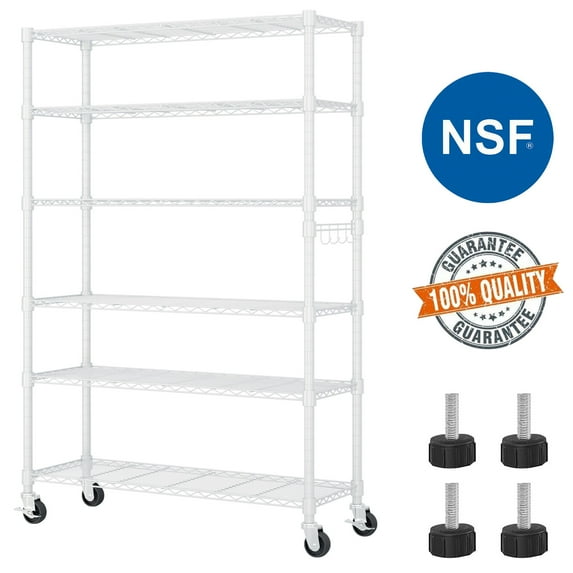 Ktaxon 6 Tier Wire Shelving with Wheels, 46"D x 18"W x 82"H Multifunctional Storage Rack Metal Garage Shelves Organizer, Capacity for 2400lbs, White