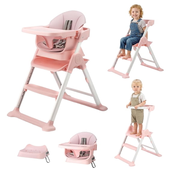Ktaxon 6-in-1 Convertible Baby High Chair, Foldable Space Saver Highchair with Kitchen Standing Tower, Booster Seat for Toddlers 6M-5Y, Pink