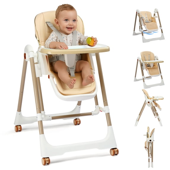 Ktaxon 6-in-1 Convertible Baby High Chair with Swing, 5-Point Harness, Adjustable Tray, Backrest, Footrest & Height, Beige