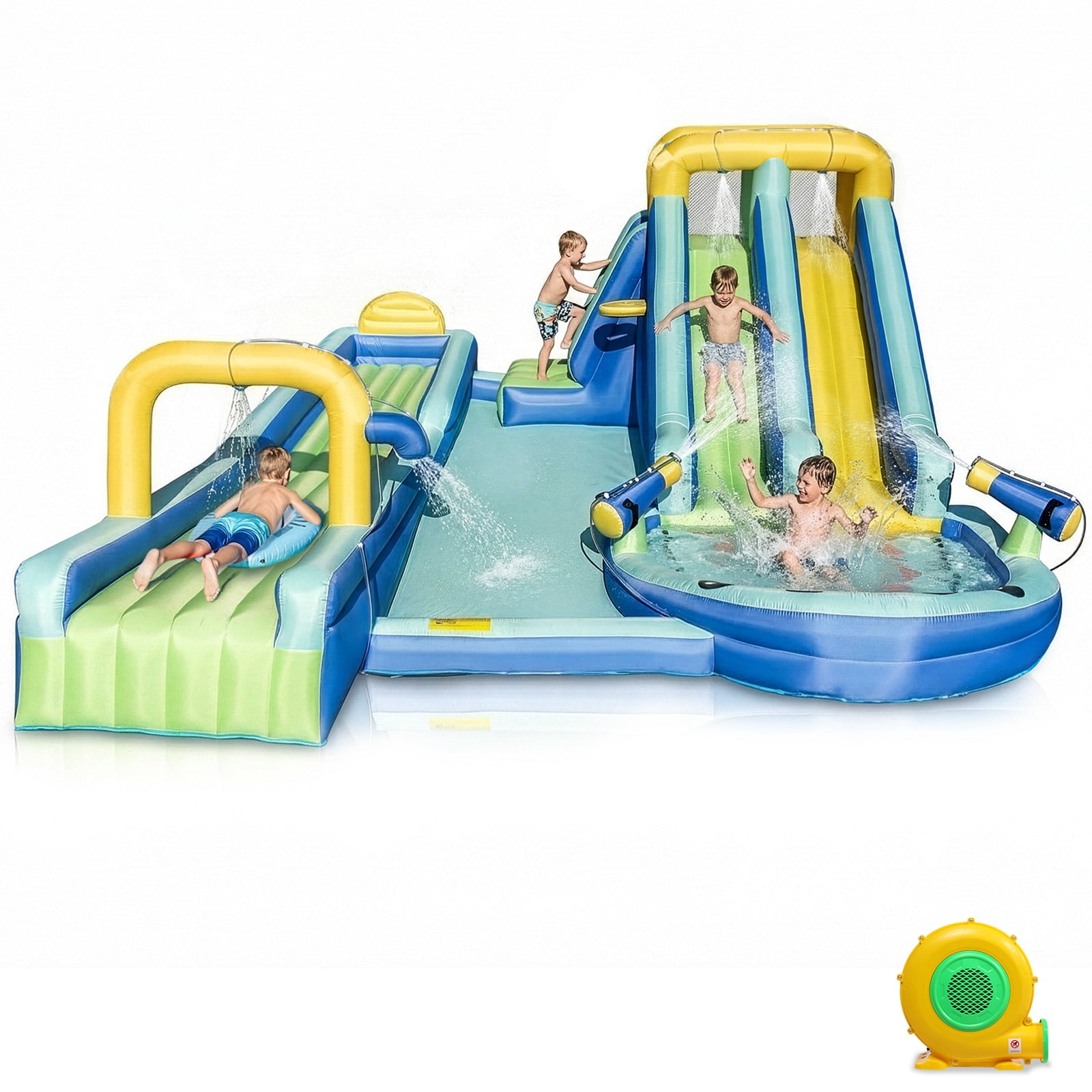 Ktaxon 8-in-1 Inflatable Water Slide Bounce House with Blower, 232" x 177" x 83", Shark Themed Water Park, Dual Slide & Long Slide for Kids Backyard