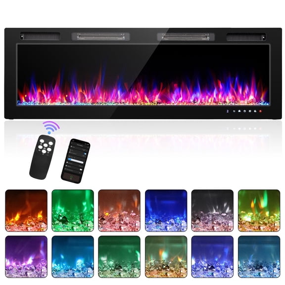 Ktaxon 60" Electric Fireplace, Inserts/Wall Mounted Fireplace Heater with WiFi Remote Control, 12 Adjustable Flame Colors, Log & Crystal, 8H Timer for Living Room, Bedroom