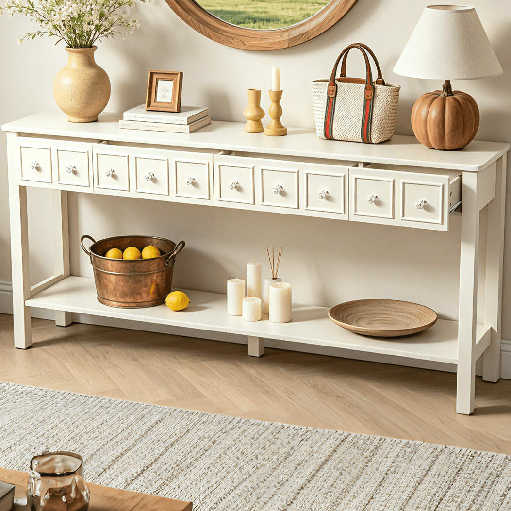 Ktaxon 60" Long Console Table with Storage for Entryway, Narrow Sofa Tablewith 4 Drawers and Storage Shelf, Multifunctional TV Table for Living Room, Hallway, Foyer, Antique White