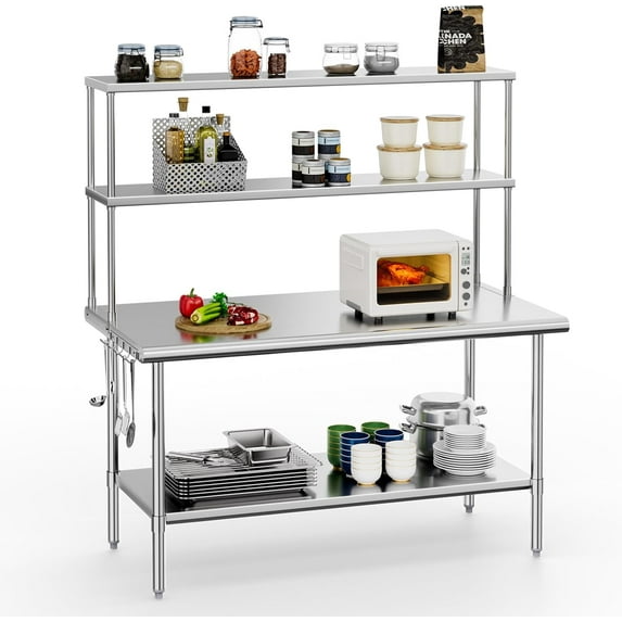 Ktaxon 60" x 30" Stainless Steel Workbench with Overshelves, NSF Commercial Heavy Duty Work Table with Adjustable Undershelf & Detachable Hooks