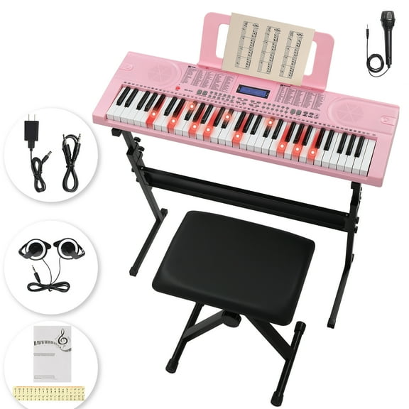 Ktaxon 61 Keys  Keyboard Piano with Lighted Keys, Z-Stand, Piano Bench, Pink