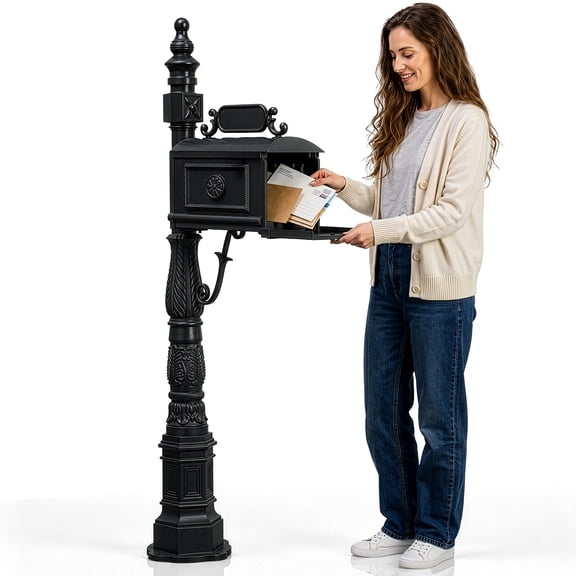 Ktaxon 62.6 Inch Heavy Duty Cast Aluminum Post Mount Mailbox, Black Ornate Embossed Freestanding Mail Post with Red Mail Flag for Villa Front Yard Driveway