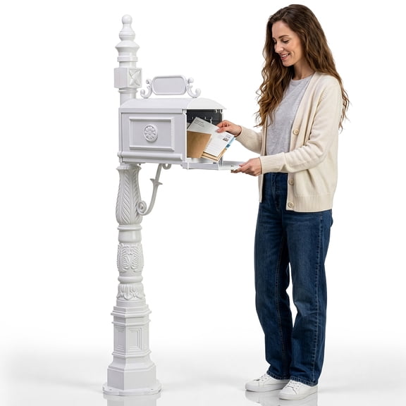 Ktaxon 62.6 Inch Heavy Duty Cast Aluminum Post Mount Mailbox, White Ornate Embossed Freestanding Mail Post with Red Mail Flag for Villa Front Yard Driveway