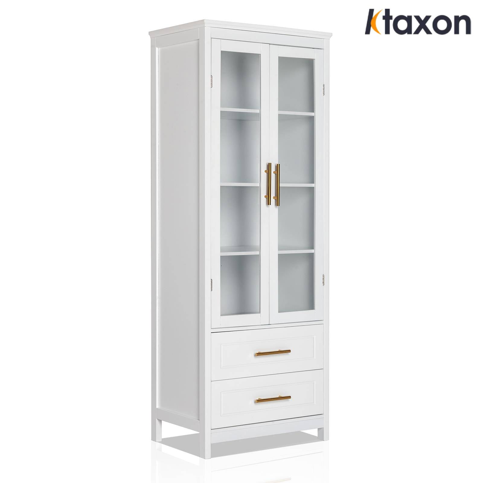 Ktaxon 63" Tall Bathroom Storage Cabinet, Freestanding Kitchen Pantry Cabinet Line Tower, 4 Tiers Bookshelves and Bookcases W/ 2 Doors, 2 Drawers & Display Storage Shelves for Home Office, White