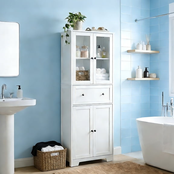 Ktaxon Bathroom Cabinet with 4 Doors 1 Drawer, Large Storage Organizer w/ 2 Adjustable Shelves for Office Living Room, White