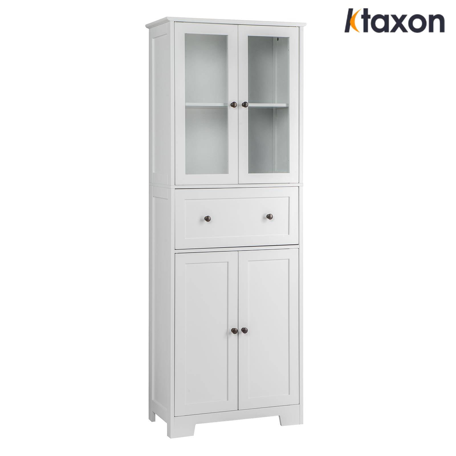 Ktaxon 64 inch Tall Bathroom Storage Cabinet Organizer, Freestanding Kitchen Pantry Cabinet Line Tower with 2 Glass Doors, Large Drawer & 4 Adjustable