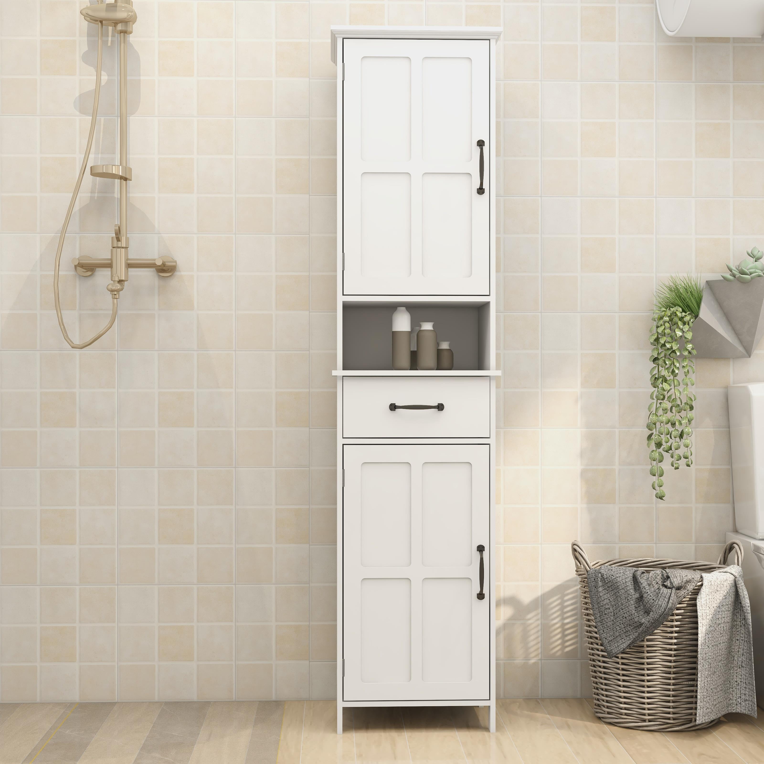 Ktaxon 65" Bathroom Floor Cabinet Linen Tower, Narrow Tall Storage Cabinet with 2 Doors, Drawer & 5 Adjustable Shelves for Living Room Kitchen Entryway Bedroom, White