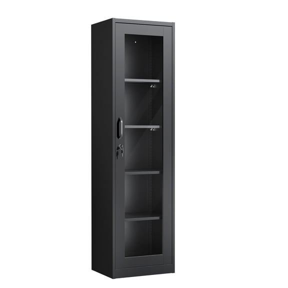 Ktaxon 65" Glass Door Steel Display Cabinet with Lock, Adjustable Shelves, Tall Narrow Storage Cupboard, LED-Ready, Black