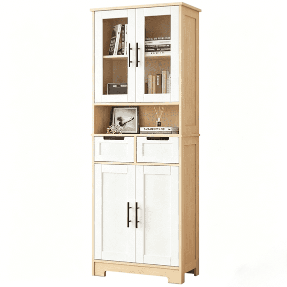 Ktaxon 67" Tall Bathroom Cabinet with 2 Drawers, Floor Storage Cabinet Wardrobes, 4 Door Wooden Cupboard Adjustable Shelf, White & Natural