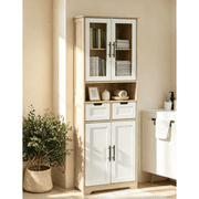 Ktaxon 67" Tall Bathroom Cabinet with 2 Drawers, Floor Storage Cabinet Wardrobes, 4 Door Wooden Cupboard Adjustable Shelf, White & Natural