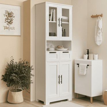 Ktaxon 67" Tall Bathroom Cabinet with 2 Drawers, Floor Storage Cabinet Wardrobes, 4 Door Wooden Cupboard Adjustable Shelf, White