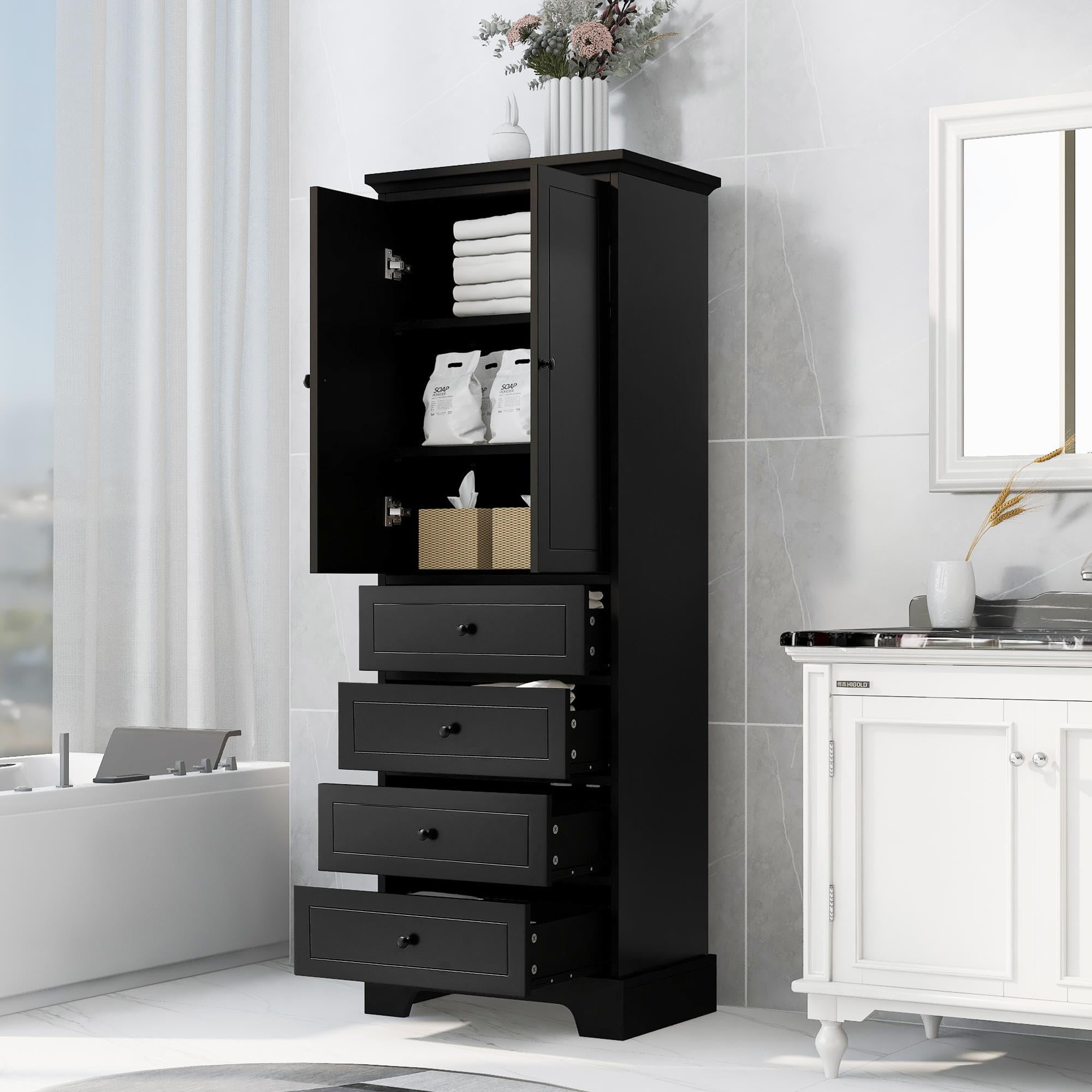 "Ktaxon 68"" Black Bathroom Cabinet, Kitchen Storage, 2-Door Wardrobe with 4 Drawers" - Walmart.com