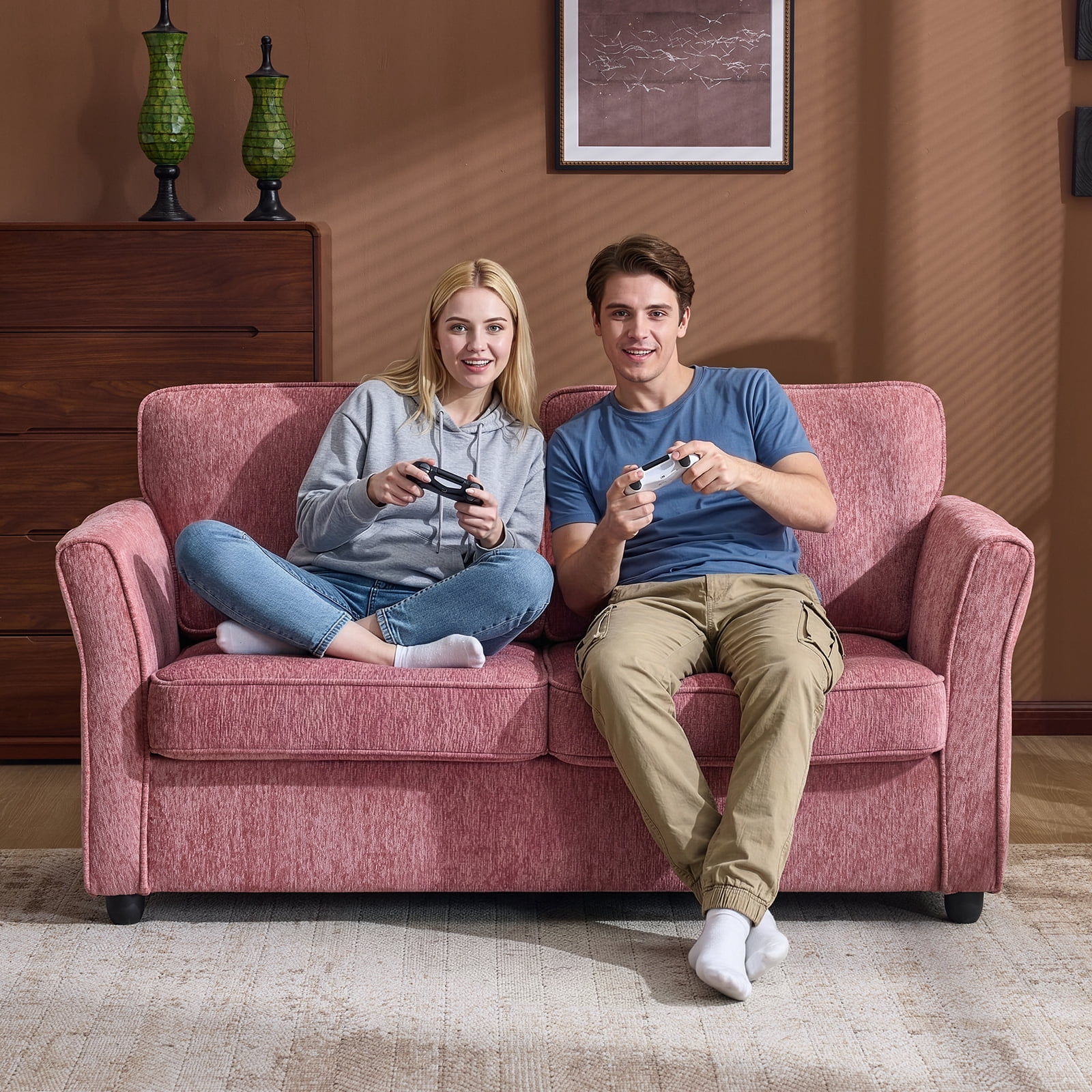 Ktaxon 68" Loveseat Sofa, 2-Seater Chenille Fabric Couch, Compact Sofa for Living Room, Bedroom, Apartment, Small Spaces Pink
