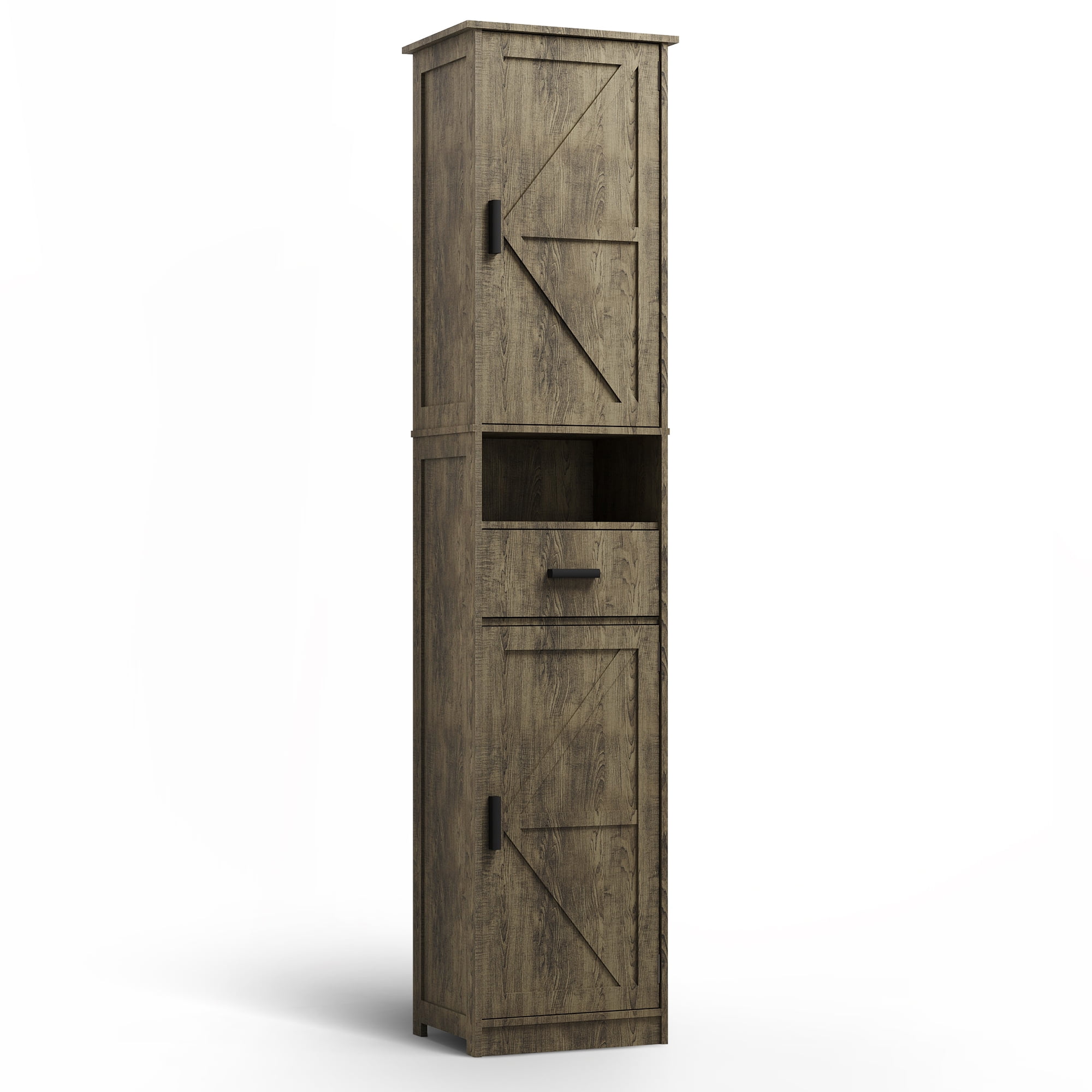 Ktaxon 69" H Narrow Bathroom Cabinet with 2 Barn Doors 1 Drawer, Adjustable Shelves for Bathroom Entryway Kitchen, Retro Gray