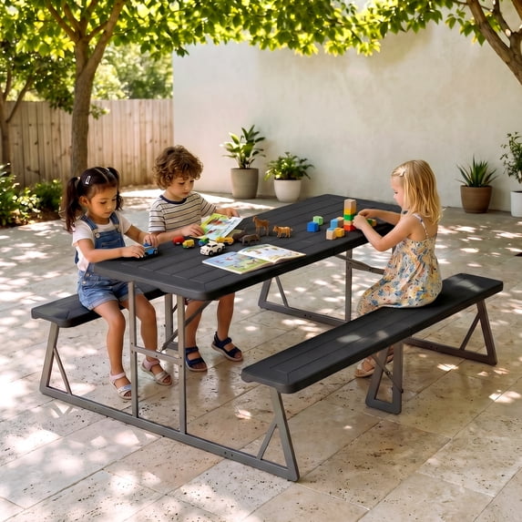 Ktaxon 6FT Picnic Table with Umbrella Hole, Metal Frame HDPE Tabletop Plastic for Patio, Black Faux Wood
