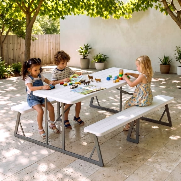 Ktaxon 6FT Picnic Table with Umbrella Hole, Metal Frame HDPE Tabletop Plastic for Patio, White Faux Wood