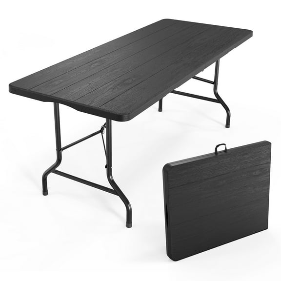Ktaxon 6FT Plastic Folding Table, Portable Rectangular Table with Carrying Handle, Tree Patterned HDPE Tabletop for Indoor, Outdoor, Patio, Camping, Black