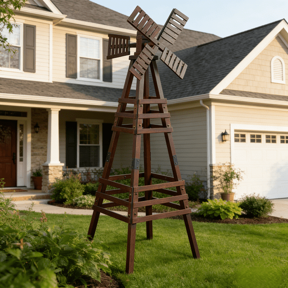 Ktaxon 5.7FT Wood Windmill Backyard Garden Decoration Weathervane, Freestanding Weather Vane with Windmill Head, Brown