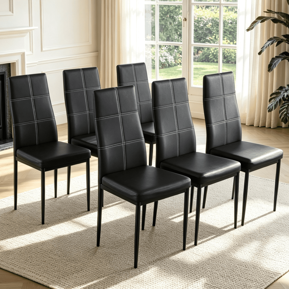 Ktaxon Modern Set of 6 Dining Chairs, Kitchen Side Chairs with Padded Seat High Back, PU Leather Upholstered Dining Chairs for Kitchen Dining Room Home Furniture, Black
