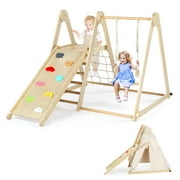 Ktaxon 7-in-1 Indoor Jungle Gym, Wooden Montessori Playset with Adjustable Swing, Climbing Net, Ladder & Secret Base