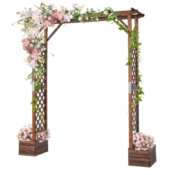 Ktaxon 7.2ft Large Wood Arch with Planter Box Flat Top Trellis for Garden Climbing Plants, Carbonized