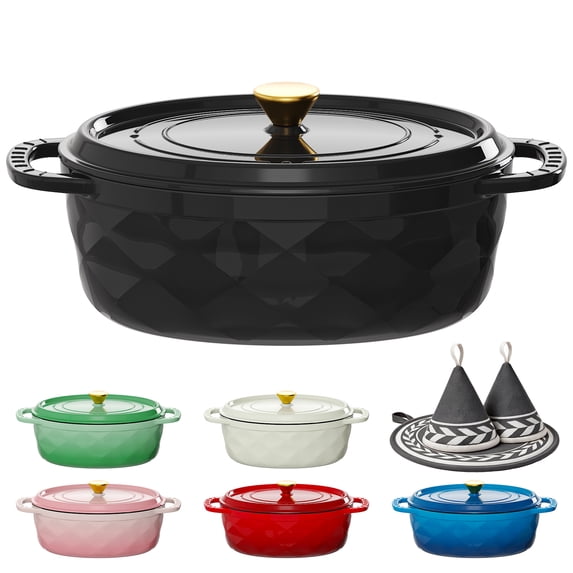 Ktaxon 7.5QT Enameled Cast Iron Dutch Oven with Upgraded Textured Handles, Oval Geometric Design, Oven Safe to 500°F, Obsidian Black