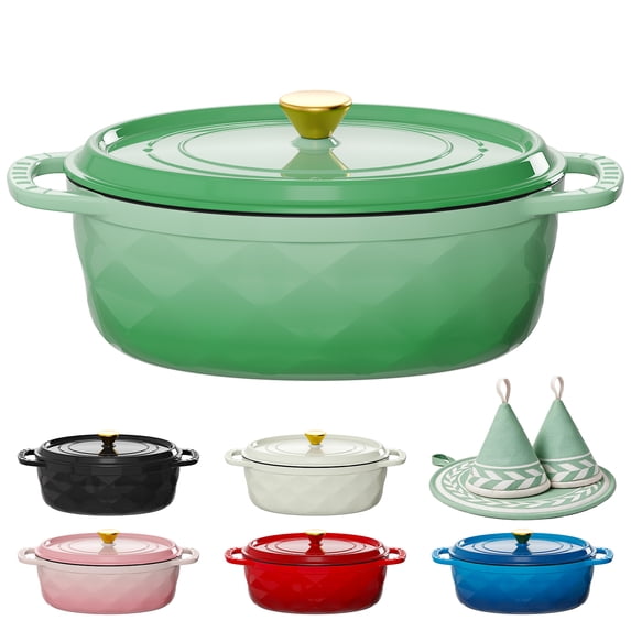 Ktaxon 7.5QT Enameled Cast Iron Dutch Oven with Upgraded Textured Handles, Oval Geometric Design, Oven Safe to 500°F, Sage Green