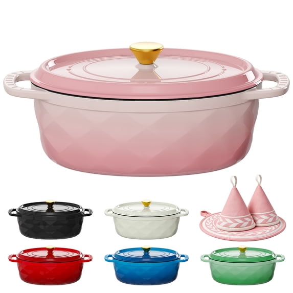 Ktaxon 7.5QT Enameled Cast Iron Dutch Oven with Upgraded Textured Handles, Oval Geometric Design, Oven Safe to 500°F, Blush Pink