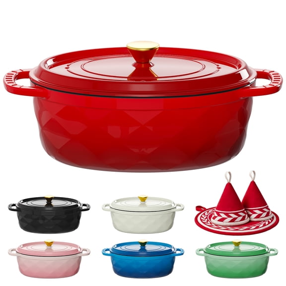 Ktaxon 7.5QT Enameled Cast Iron Dutch Oven with Upgraded Textured Handles, Oval Geometric Design, Oven Safe to 500°F, Cherry Red