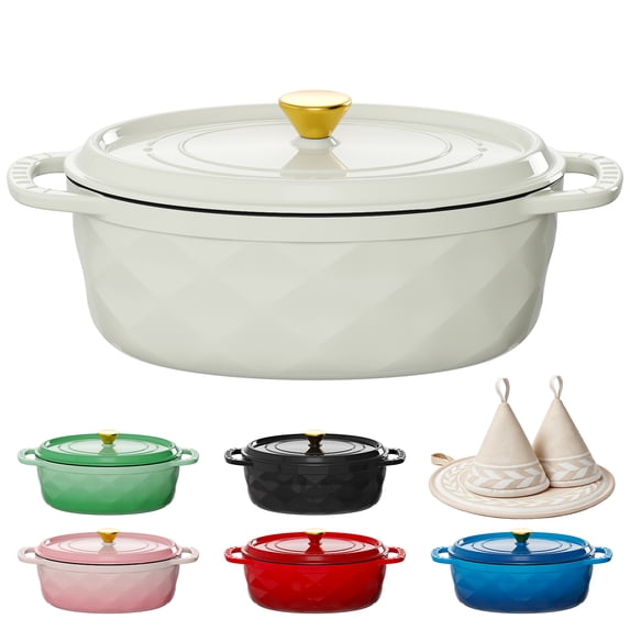 Ktaxon 7.5QT Enameled Cast Iron Dutch Oven with Upgraded Textured Handles, Oval Geometric Design, Oven Safe to 500°F, Ivory White