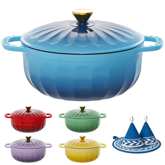 Ktaxon 7.5QT Enameled Cast Iron Dutch Oven with Upgraded Textured Handles, Petal-Shaped Design, Induction Compatible, Oven Safe to 500°F, Ocean Blue