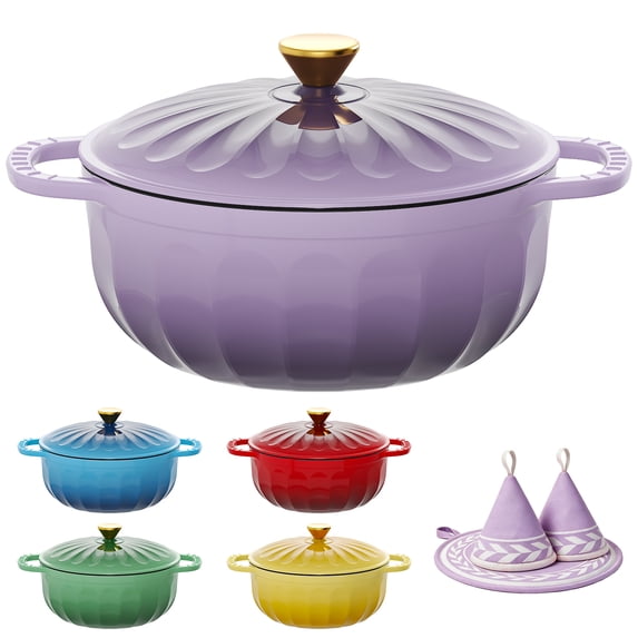 Ktaxon 7.5QT Enameled Cast Iron Dutch Oven with Upgraded Textured Handles, Petal-Shaped Design, Induction Compatible, Oven Safe to 500°F, Dusk Purple