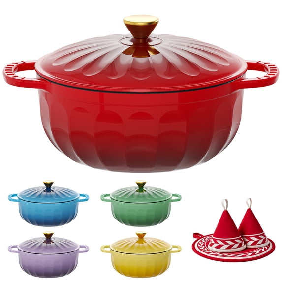 Ktaxon 7.5QT Enameled Cast Iron Dutch Oven with Upgraded Textured Handles, Petal-Shaped Design, Induction Compatible, Oven Safe to 500°F, Cherry Red