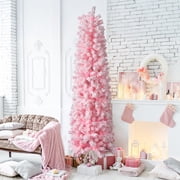 Ktaxon 7.5ft Christmas Tree Snow Flocked Pink Artificial Pencil Christmas Tree, Slim Xmas Tree Seasonal Holiday Decoration w/ 1,000 Branch Tips
