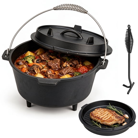 Ktaxon 7.9QT Cast Iron Dutch Oven with Skillet Lid, 2-in-1 Camping Dutch Oven for Campfire Cooking with Lid Lifter