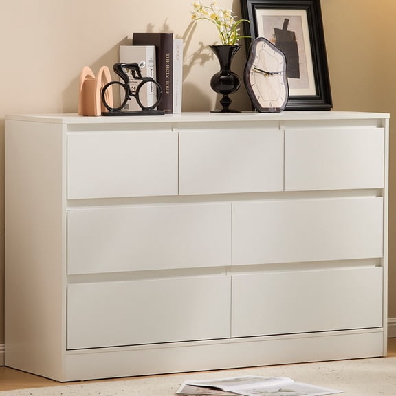 Ktaxon 7 Drawer Double Dresser with Mirrow Wood Dresser Storage Cabinet Drawer Organizer Chest of Drawers, White