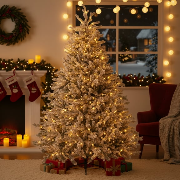 Ktaxon 7 FT Pre-Lit Christmas Tree,Snow Flocked Artificial Tree PE with 1100 Branch Tips, 400 Lights 8 Modes