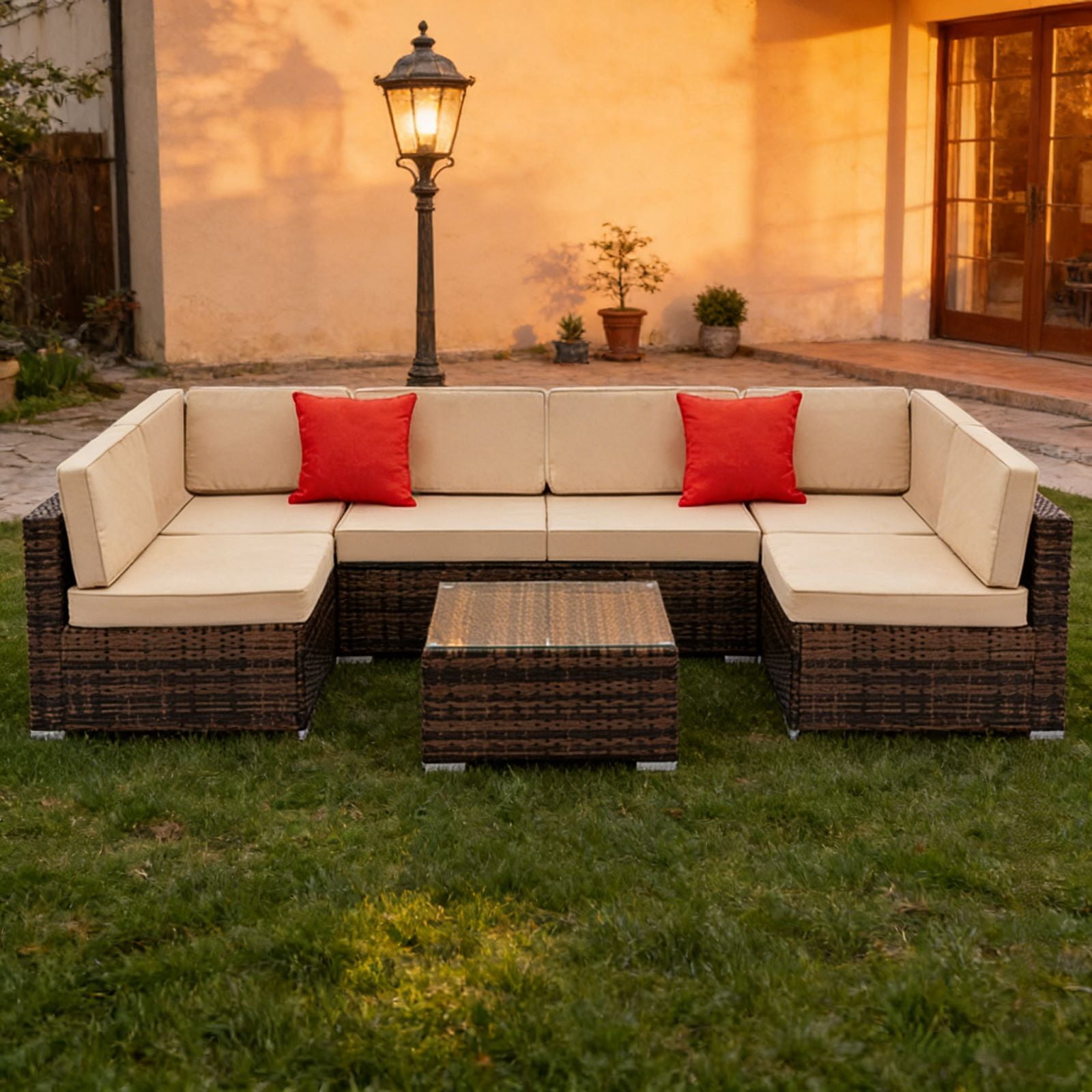 Ktaxon 7 PCS Patio Sectional Rattan Furniture Set PE Rattan Outdoor Wicker Furniture Couch Set  w/ Cushions for Deck Poolside