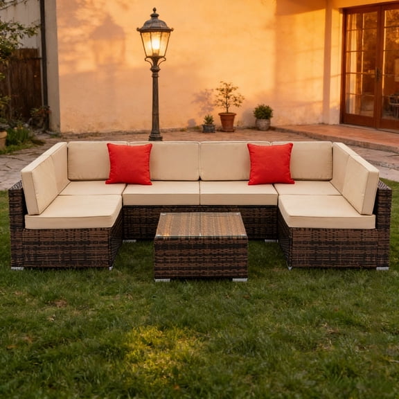 Ktaxon 7 PCS Patio Sectional Rattan Furniture Set PE Rattan Outdoor Wicker Furniture Couch Set w/ Cushions for Deck Poolside