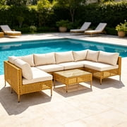 Ktaxon 7-Piece Wicker Patio Sectional Sofa with Cushions and Table, Beige