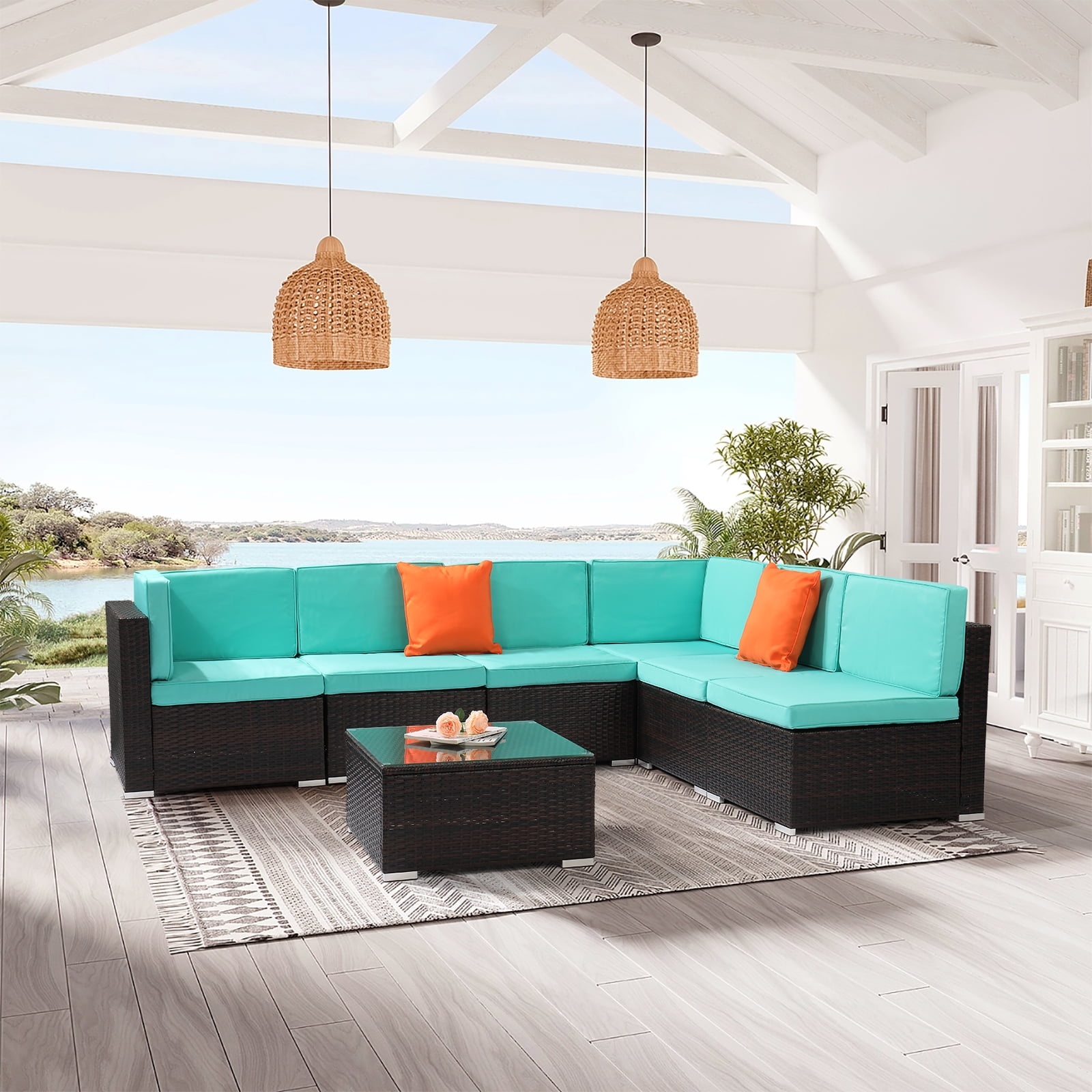 Ktaxon 7-Piece Rattan Wicker Outdoor Sofa Set with Corner Table for Deck, Patio & Garden