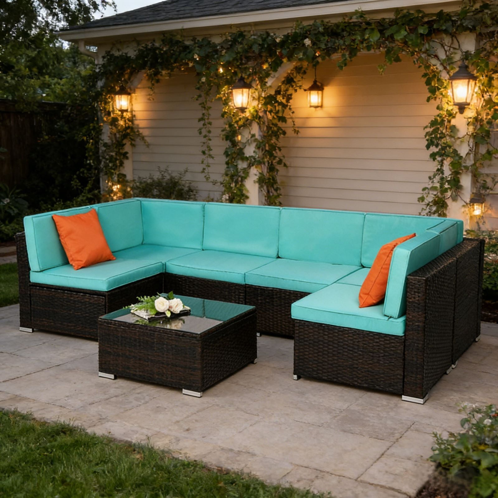 Ktaxon 7 Piece Black Rattan Sofa Set Lake Blue Cushions with Storage Table Boho Living Room Furniture