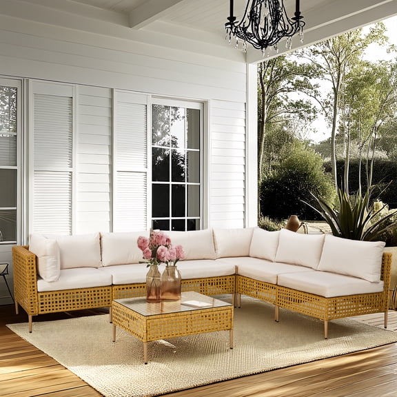 Ktaxon 7-Piece Wicker Patio Sectional Sofa with Cushions and Table, Beige