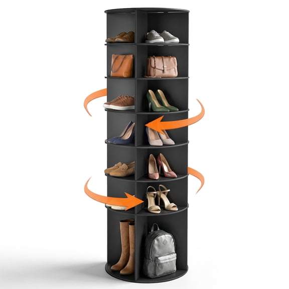 Ktaxon 7-Tier Rotating Shoe Rack Tower, Free Standing 360° Revolving Organizer, 28 Pairs of Shoes/ Bag, Black