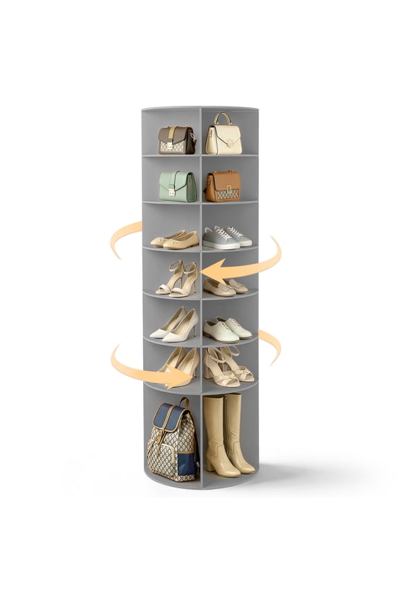 7-Tier Rotating Shoe Rack Tower, Free Standing 360° Revolving Organizer, 28 Pairs of Shoes/ Bag, Gray