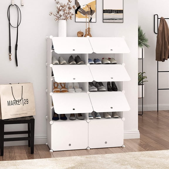 Ktaxon 7 Tiers Shoe Rack, 14 Cubes Shoe Storage Cabinet 28 Pairs Plastic Shoe Shelves Organizer for Closet Entryway Hallway Living Room Bedroom, White