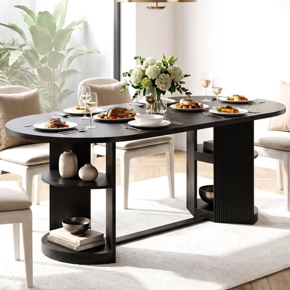 Ktaxon 70.9" Dining Table for 6-8 People, Rectangular Kitchen Table with Dual 2-Tier Open Storage Shelves, Fluted Frame Base, Modern Dining Room Furniture, Black